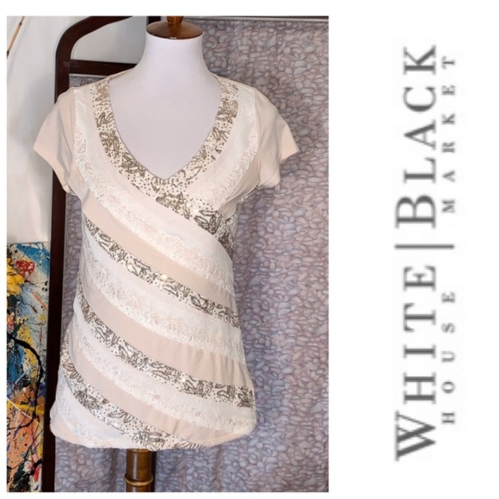White House Black Market ⚠️ cream/tan/silver layered cap sleeved top.